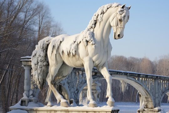 A statue of a horse standing in the snow. Suitable for winter themes