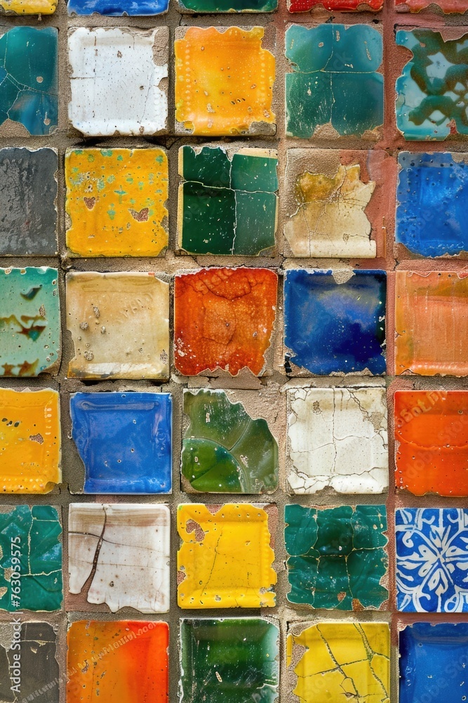 Poster close up of a vibrant and colorful tile wall, perfect for background use
