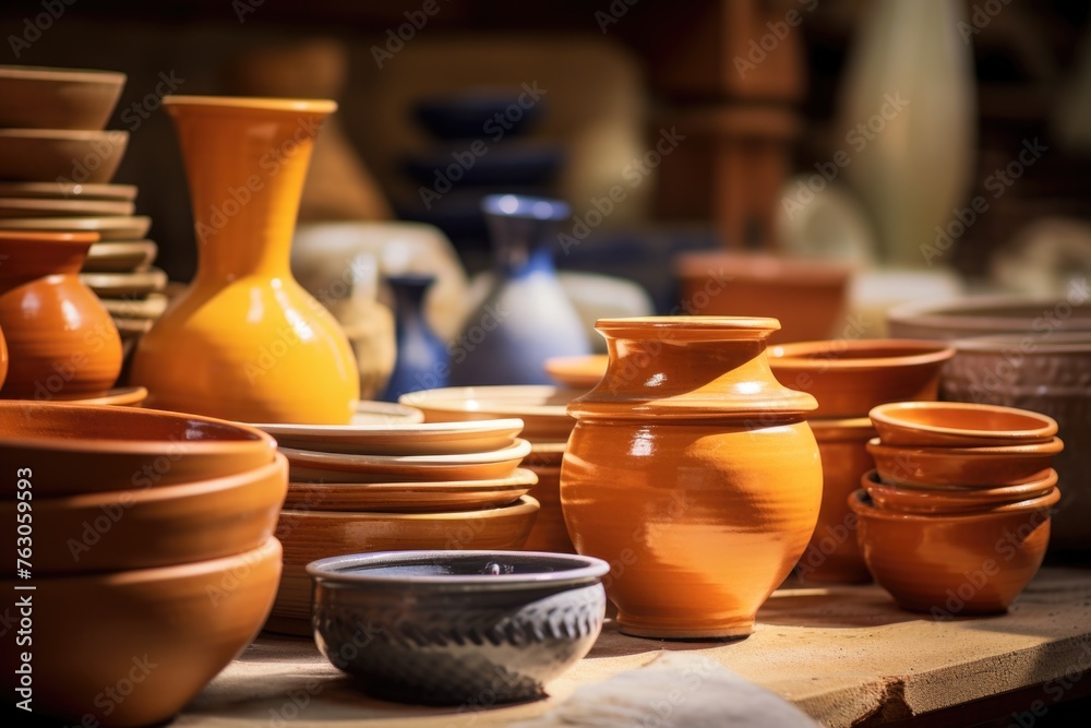 Poster a collection of bowls and vases displayed on a table. perfect for interior design projects