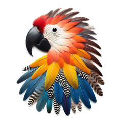 Colorful feathers arranged in the shape of an Ara parrot portrait, concept isolated on white background