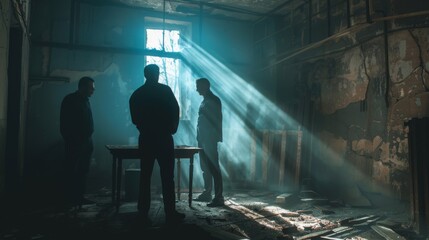 Shadowy mafia meeting in dimly lit old room, underworld crime scene concept - obrazy, fototapety, plakaty