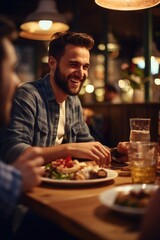 A man sitting at a table with a plate of food. Suitable for restaurant or food-related concepts