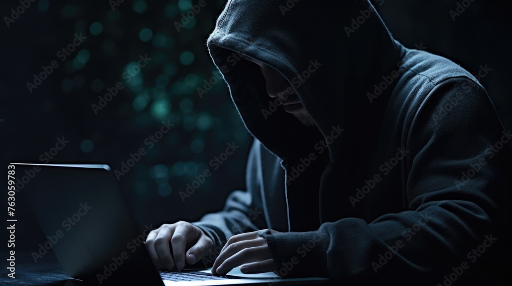Poster a person wearing a hoodie typing on a laptop. suitable for technology and work-related concepts