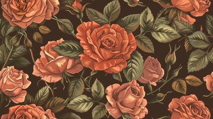 Exotic hand drawn rose flowers, seamless patterns, on brown background.