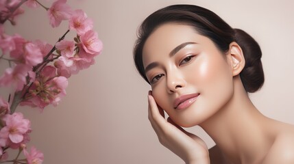 Fototapeta na wymiar beautiful young asian woman with healthy glowing skin on pink background with sakura flowers, beauty and skin care concept