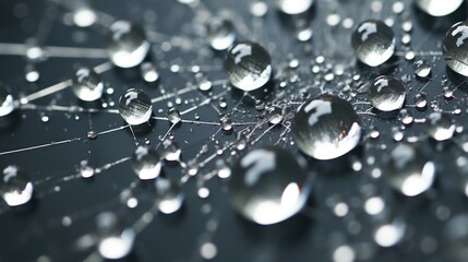 Close up of water droplets on a delicate spider web, perfect for nature and macro photography projects