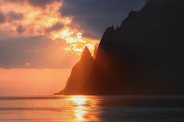 Senja island sunset landscape in Norway calm sea and rocky mountains scandinavian landmarks travel...
