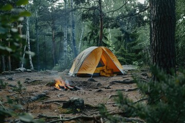 A tent set up in the woods, ideal for outdoor adventure promotions