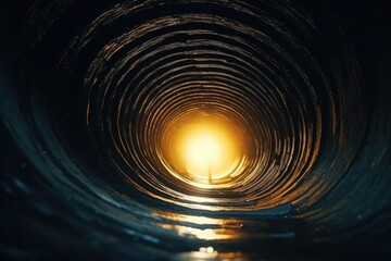 A dark tunnel with a glowing light at the end. Perfect for illustrating hope, success, or overcoming challenges