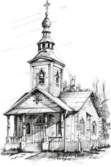 Detailed drawing of a traditional church with a steeple. Suitable for religious themes or architectural concepts