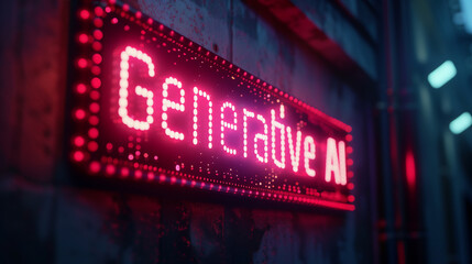 "Generative AI" Text in Neon Sign on a Vintage Brick Wall, for Retro-Futuristic Themed Graphics AI-Generated