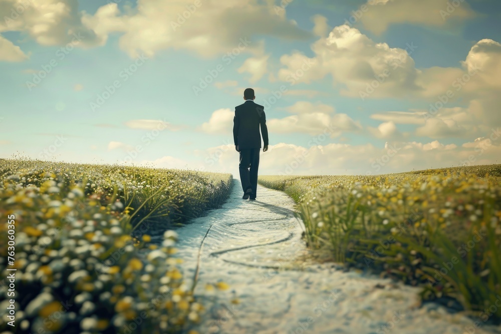 Poster A man walking down a path in a field. Suitable for outdoor and nature concepts