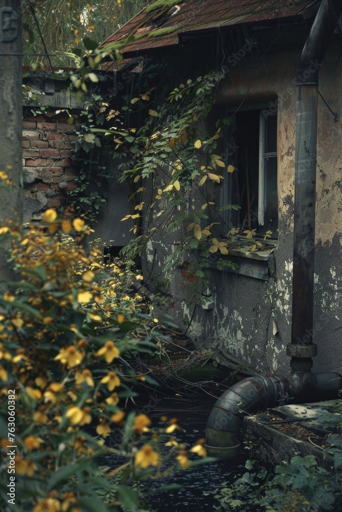 Poster A building covered in plants, creating a unique and natural look. Perfect for environmental or urban decay concepts