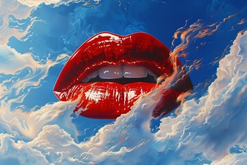 Surreal Sky with Glossy Red Lips - obrazy, fototapety, plakaty