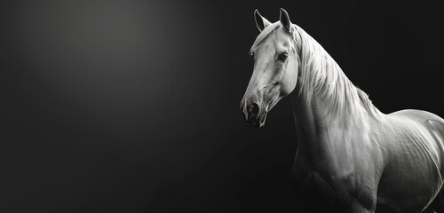 An elegant white horse captured in profile with a subtle shine against a gradient dark background. - obrazy, fototapety, plakaty