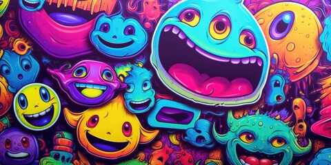 A collection of various colored monsters on a wall. Great for children's room decor