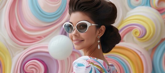 Vintage style  woman in sunglasses with pop art background, embracing 60s 70s disco club culture