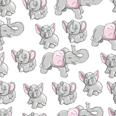 Seamless pattern with cartoon vector elephants of different sizes. Cute elephant seamless pattern for baby shower decor, nursery print, kids apparel, wrapping paper, fabric, and textile
