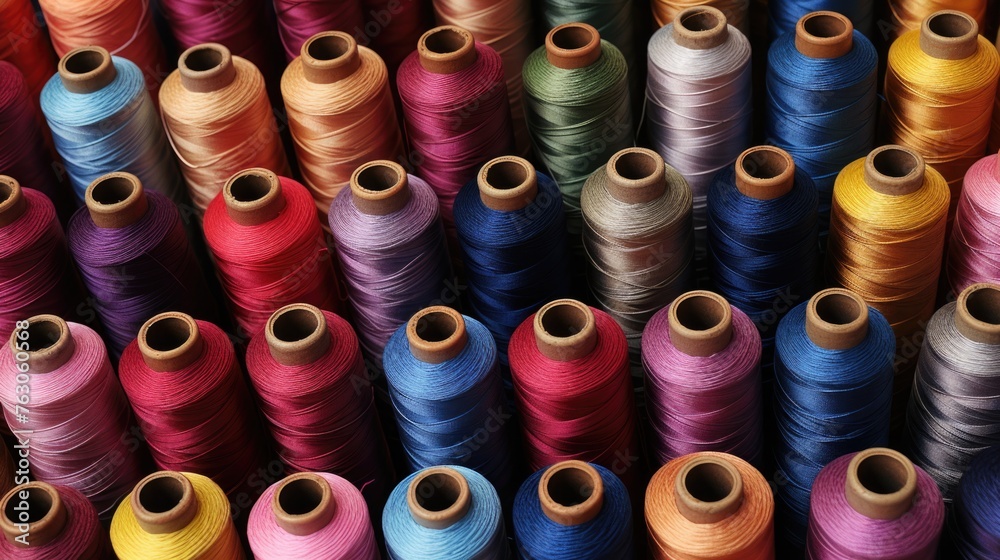 Poster various spools of thread in different colors. perfect for sewing projects