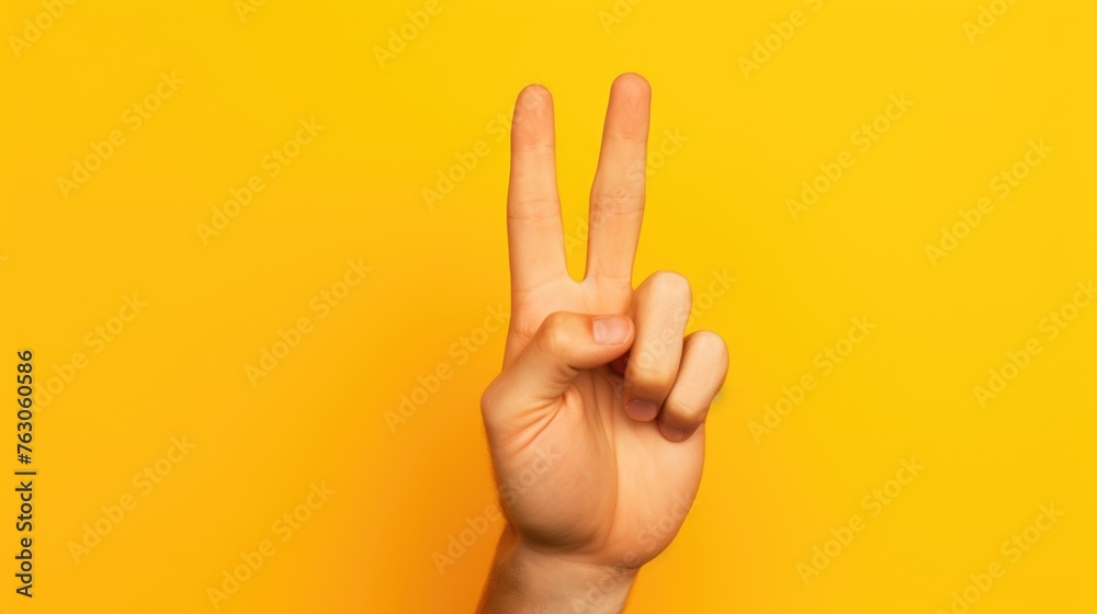 Poster A person making a peace sign gesture. Suitable for various concepts