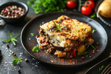 Traditional Greek Moussaka with Eggplant and Potatoes Topped with Bechamel