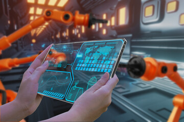 Concept business and industry 4.0, industry engineer in factory,using smart tablet glass...
