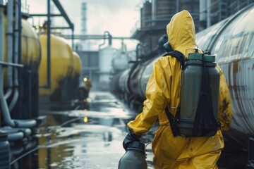 A man wearing a yellow rain suit and carrying a backpack. Suitable for outdoor and adventure concepts