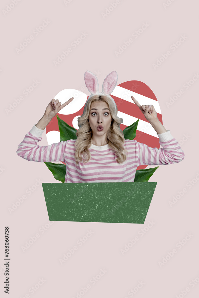 Sticker Collage vertical image of attractive pretty cute woman wear ears headband easter day pashcal symbol isolated on drawing background