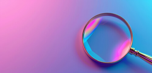 A vibrant blue and pink gradient behind a clear magnifying glass. - obrazy, fototapety, plakaty