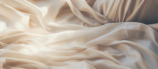 A closeup shot of a white wool fabric, showing the intricate pattern of the thread. The soft texture resembles a peachs fur, blending into a serene landscape of ingredients and trees - obrazy, fototapety, plakaty