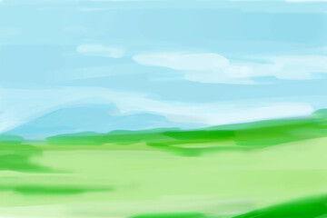 Fototapeta na wymiar 青空と緑の野原の風景イラスト素材