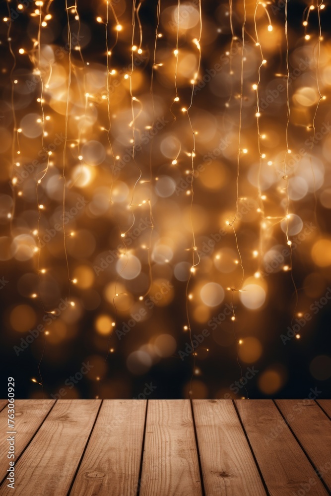 Poster A wooden table covered in various lights, perfect for adding a cozy and festive touch to any event or setting