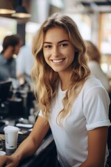 A woman sitting at a bar with a cup of coffee. Suitable for cafe and lifestyle concepts