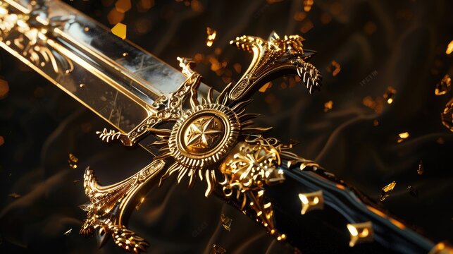A gold sword with a star emblem, perfect for fantasy or medieval themed designs