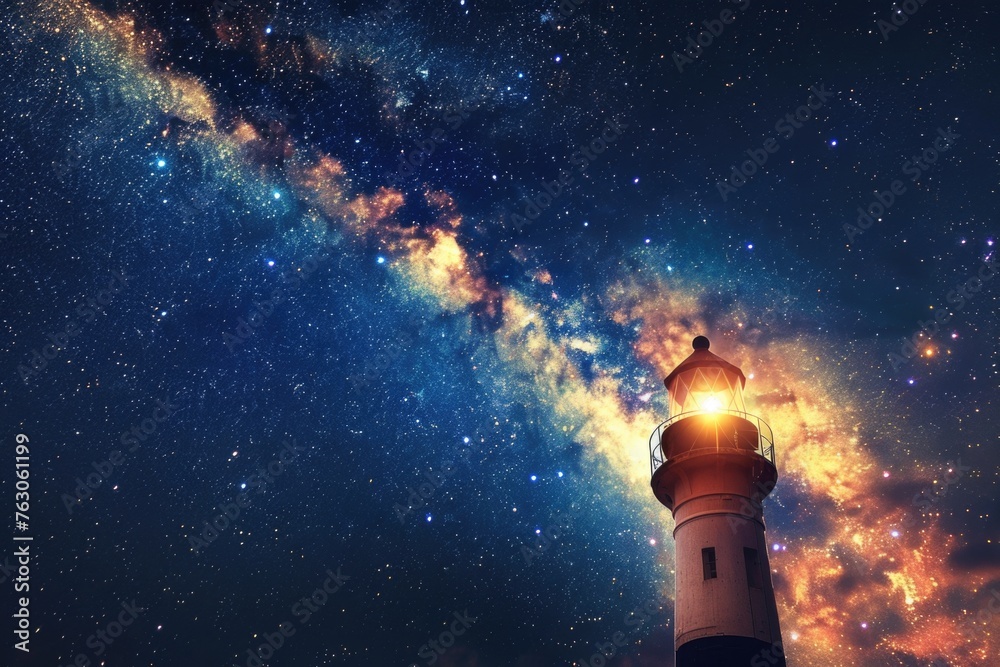 Poster A lighthouse with a shining light at the top. Suitable for various design projects