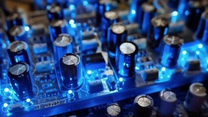 A series of intricate circuit boards illuminated by glowing blue LED lights inside of a hightech audio amplifier.