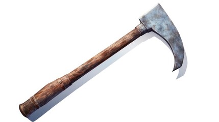 A vintage axe with a wooden handle on a white surface. Suitable for tool or carpentry concepts