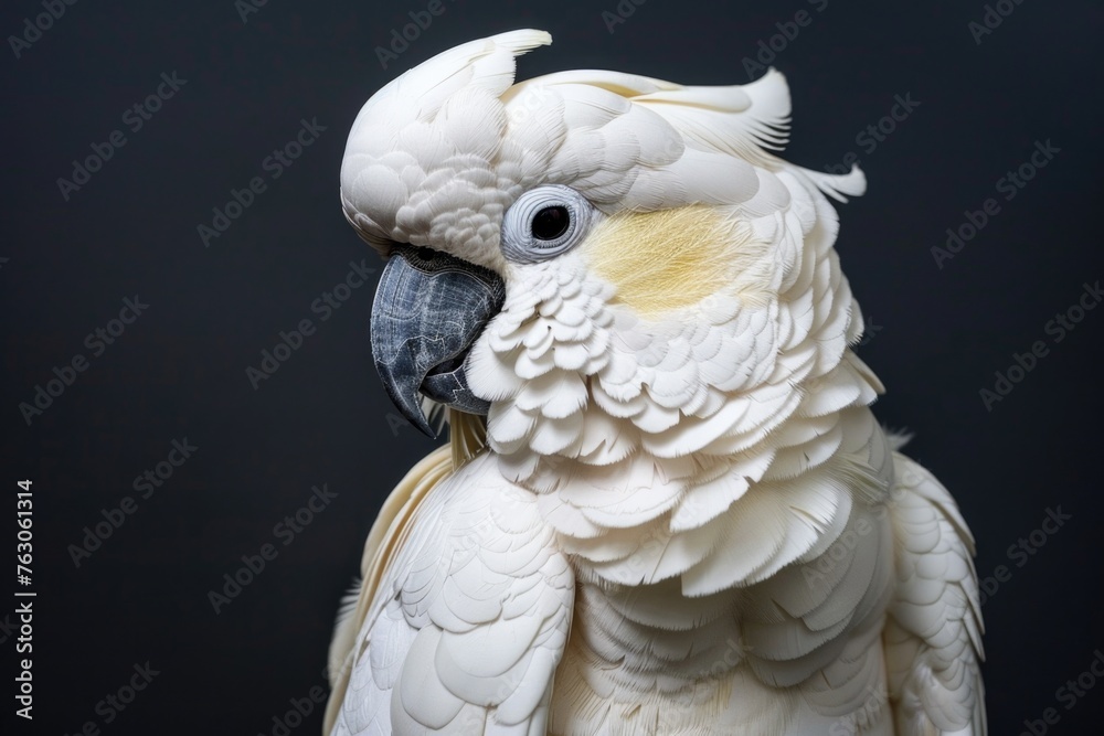 Poster detailed shot of a parrot against a dark backdrop, suitable for various design projects