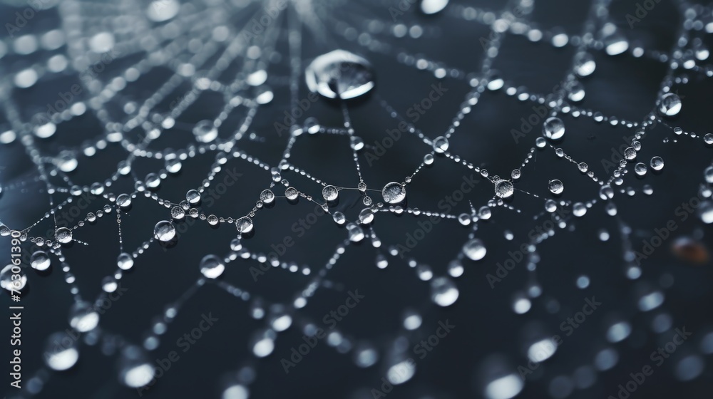 Poster close-up of a spider web covered in water droplets. suitable for nature and macro photography projec