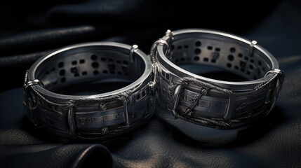 Silver bracelets displayed on black cloth, ideal for jewelry store promotions - obrazy, fototapety, plakaty