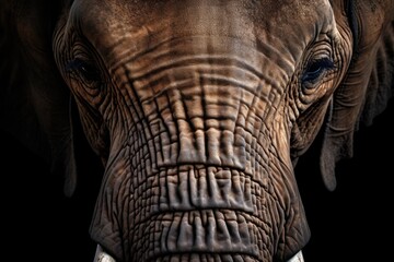 Close up of an elephant's face on a black background, perfect for wildlife and nature themes
