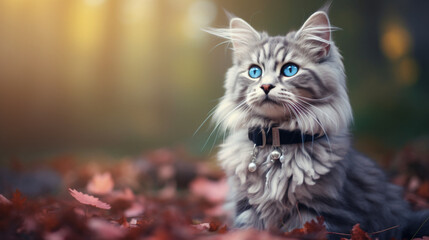 Portrait of a cat in a beautiful collar. blurred background