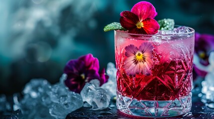 Trendy cocktail garnished with edible flowers and served in a crystal glass