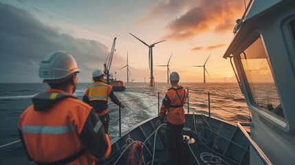 A man observes wind turbines on a boat amidst the vast ocean, with the sky, clouds, and water blending harmoniously. AIG41 - obrazy, fototapety, plakaty