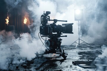 A camera set up on a tripod emitting smoke. Suitable for technology concepts