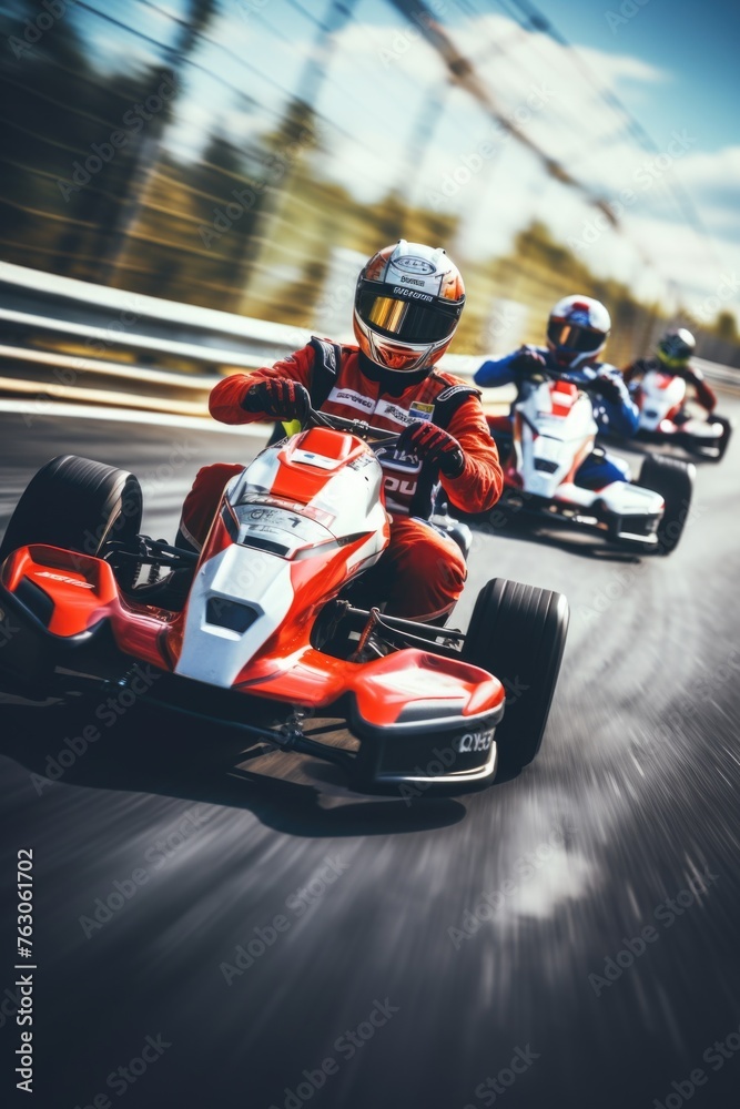 Poster high-speed go-karts racing on a dynamic track. suitable for sports and competition concepts
