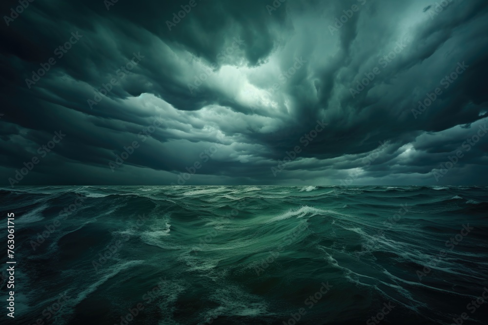 Poster dramatic view of dark storm clouds above the ocean. suitable for weather or nature concepts