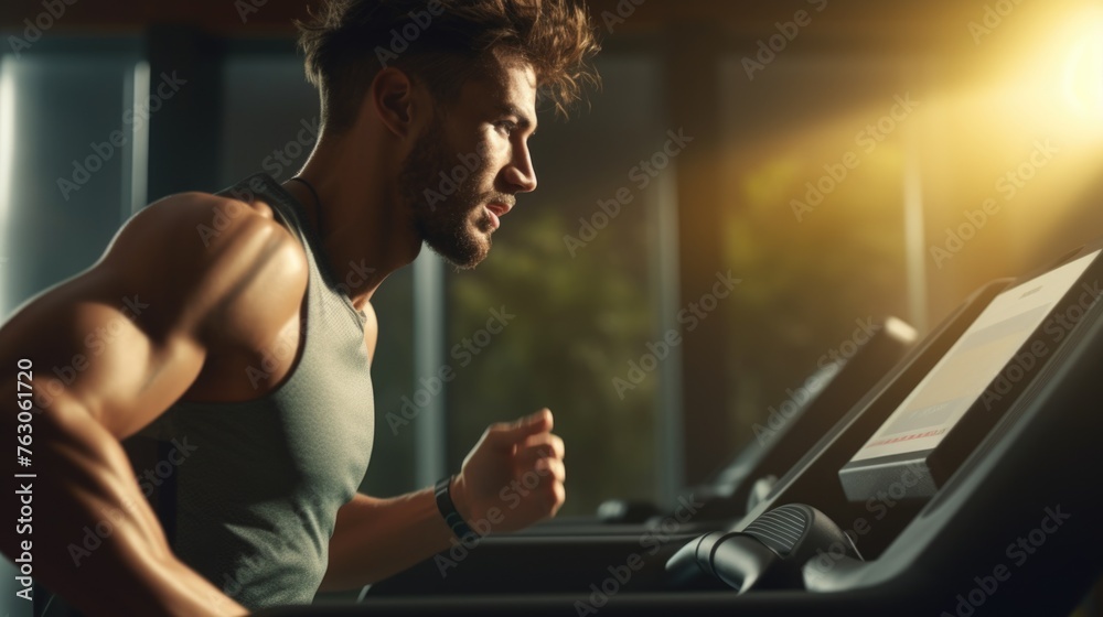 Poster a man running on a treadmill in a gym. perfect for fitness and exercise concepts