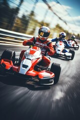 High-speed go-karts racing on a dynamic track. Suitable for sports and competition concepts - obrazy, fototapety, plakaty
