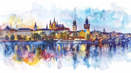 Foto op Plexiglas Watercolor illustration of European cityscape along river, panoramic urban landscape © furyon